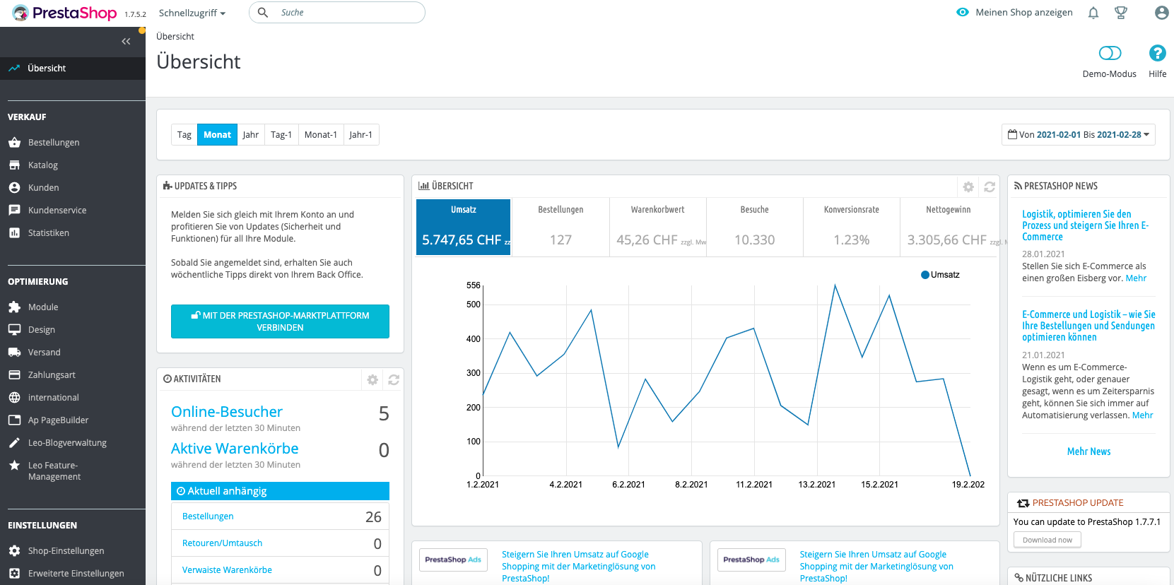 Screenshot von Prestashop-Backend